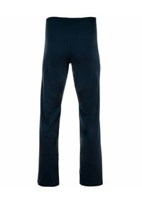 Marineblauwe broek met elastische tailleband en rechte pijpen, gemaakt van zachte stof. Geen zakken, gladde structuur, geschikt voor informele kleding.