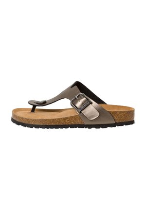 Bruine kurken voetbed flip-flop sandalen met een zwarte rubberen buitenzool, leren bandjes en een zilveren metalen gesp detail aan de zijkant.
