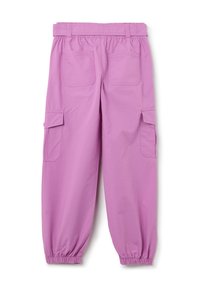 Light purple cargo pants with elastic waistband, elastic cuffs, and two side pockets, featuring a smooth fabric texture and minimalist design.
