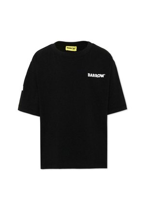 Sort t-shirt med korte ærmer med hvidt "BARROW" logo på brystet og en gul mærkeetiket inde i kraven.