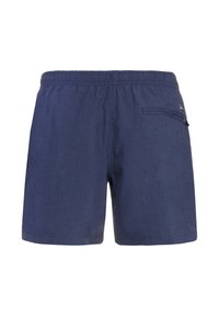 Tmavě modré pánské šortky s elastickým pasem a zipem na zadní kapse vpravo, zobrazené na bílém pozadí.