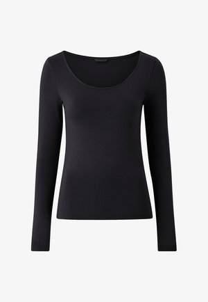 Maglietta nera a maniche lunghe realizzata in tessuto liscio, con scollatura a barca e taglio aderente, senza motivi o hardware visibili.