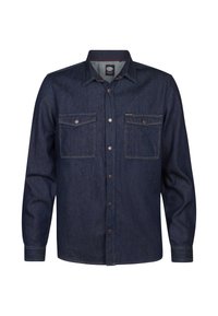 Camisa de mezclilla azul oscura con mangas largas, con botones en el frente, dos bolsillos en el pecho y costuras en contraste. Textura suave y diseño de cuello clásico.