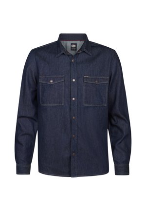 Dark blue denim shirt with long sleeves, button-up front, two chest pockets, and contrasting stitching. Smooth texture and classic collar design.