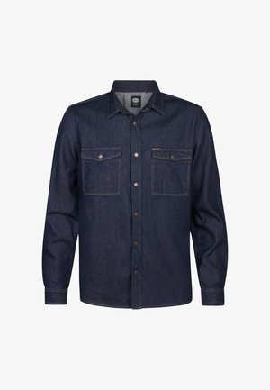 Dunkelblaue Jeanshemd mit langen Ärmeln, durchgehender Knopfleiste, zwei Brusttaschen und kontrastierenden Nähten. Glatte Textur und klassisches Kragen Design.