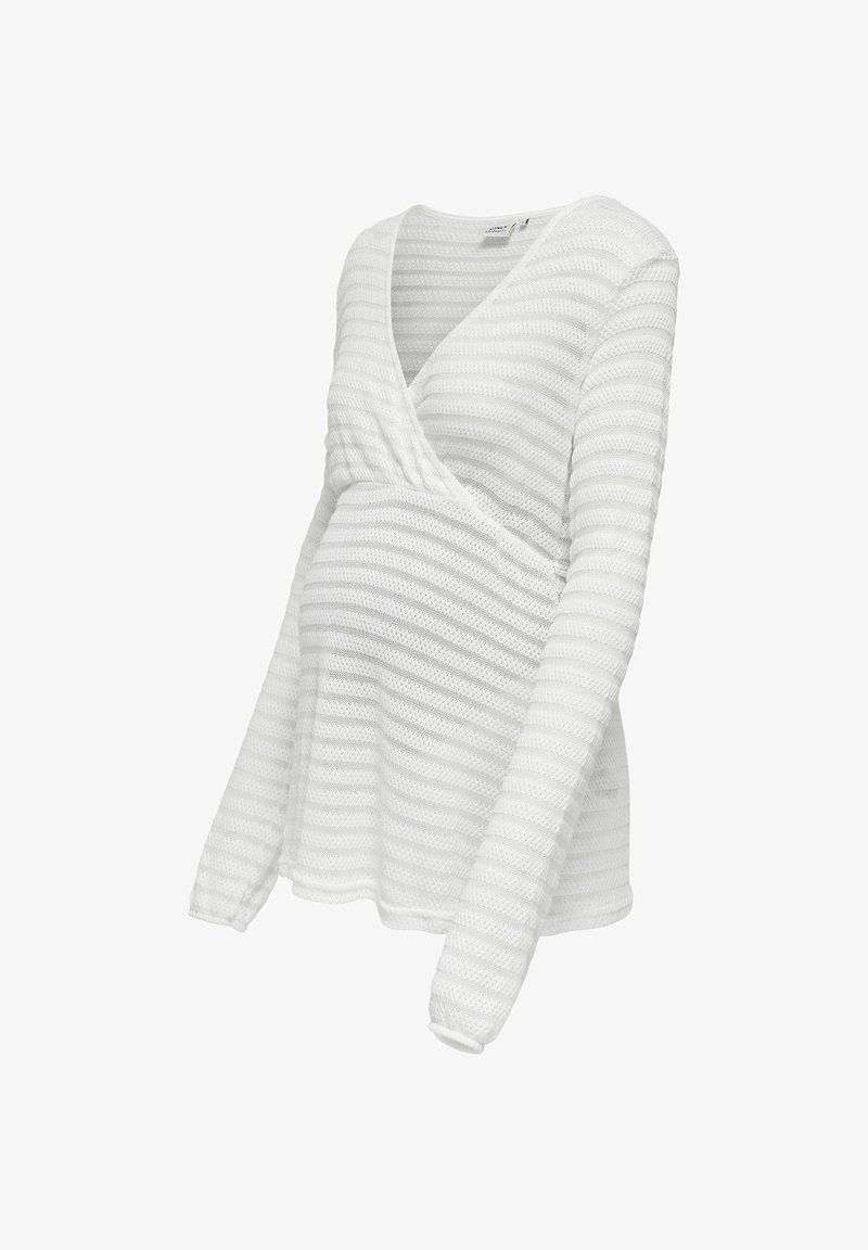 Vit långärmad topp med en inlindad design, strukturerat ribbat mönster och V-ringning, lämplig för gravidkläder.