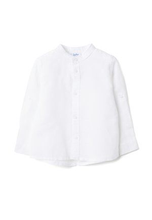 Weißes langärmeliges Kinderhemd mit Mandarin-Kragen und vorderen Knöpfen, flach auf weißem Hintergrund präsentiert.