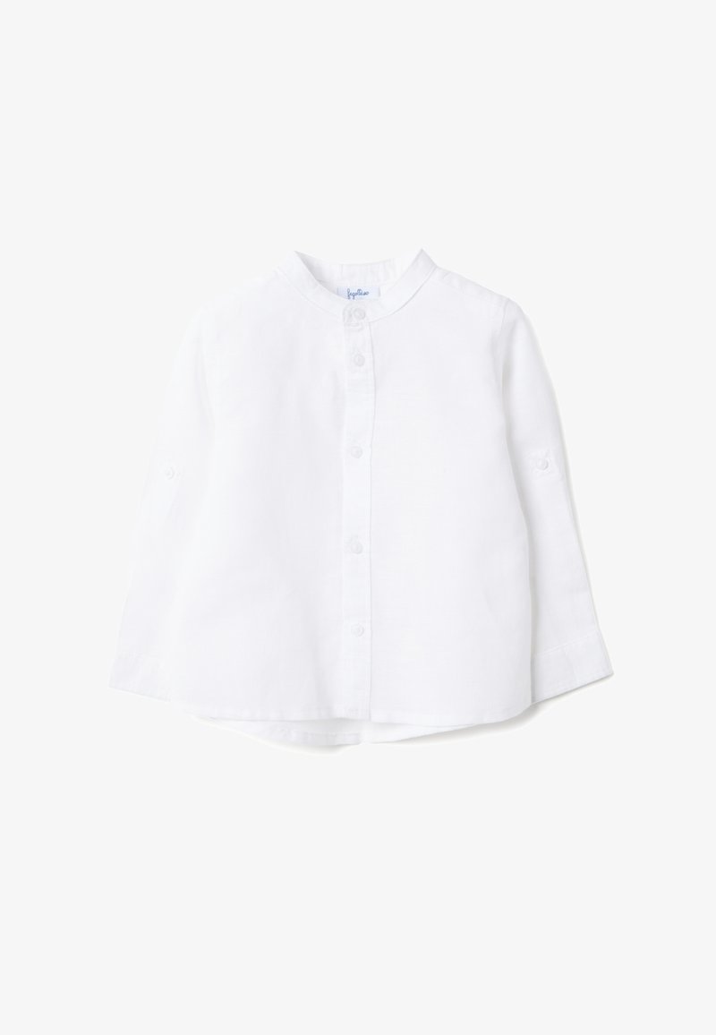 Camisa blanca de manga larga para niños con cuello mandarín y botones delanteros, mostrada plana sobre un fondo blanco.