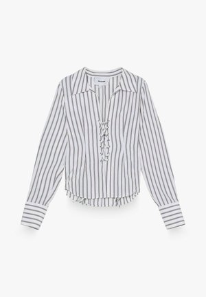 Camicia bianca a maniche lunghe con strisce verticali grigie e bordeaux, colletto button-down, orlo arricciato e dettaglio con lacci davanti.