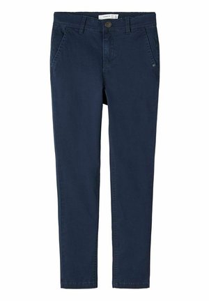 Marineblauwe skinny-fit broek met knoop aan de voorkant, rits, riemlussen en twee zijzakken op een witte achtergrond.