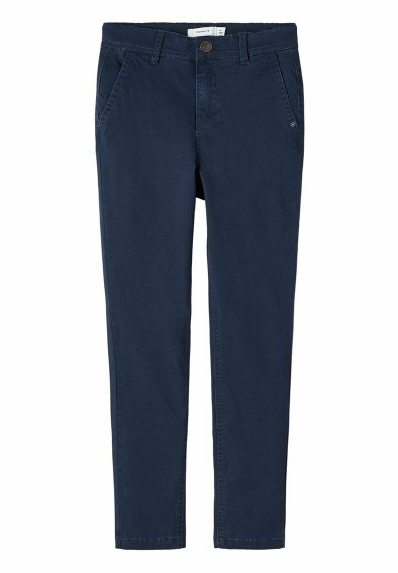 Pantalon bleu marine coupe slim avec bouton frontal, fermeture éclair, passants pour ceinture et deux poches latérales sur fond blanc.