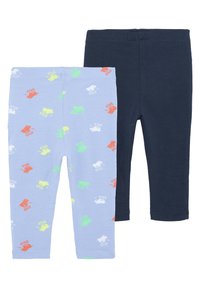 Two pairs of leggings: one blue with multicolored animal prints; the other navy, solid color. Both have elastic waistbands and a fitted design.
