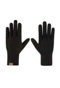 Black knit gloves with a ribbed cuff, seamless design, and a small leather patch featuring an embossed logo on the wrist area.
