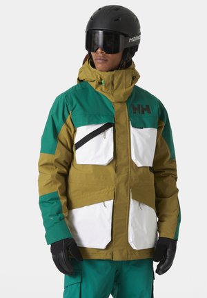 Skijack met een groen en bruine colorblockontwerp, witte accenten, meerdere zakken en een hoge kraag voor isolatie. Zwarte handschoenen inbegrepen.