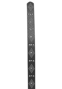Black leather belt featuring diamond-shaped metal studs and round studs, with a textured surface and tapered end design.