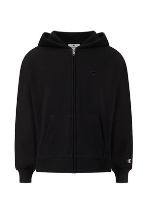 Schwarzer Kapuzenpullover mit Reißverschluss, vorderen Taschen, elastischen Bündchen und kleinen Champion-Logos auf der Brust und am linken Ärmel.
