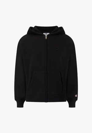 Sweat à capuche noir avec fermeture éclair, poches avant, poignets élastiques et petits logos Champion sur la poitrine et la manche gauche.