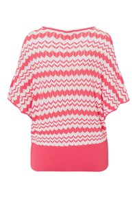 Roze en witte zigzagpatroon gebreide top met brede mouwen en een effen roze geribbelde zoom. Lichtgewicht, losse pasvorm en textuurdesign.