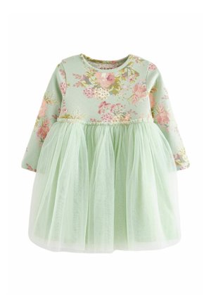 Blommig långärmad klänning med en ribbad mintgrön överdel och en lager av genomskinlig tyllkjol, prydd med mönster av rosa och gula blommor.