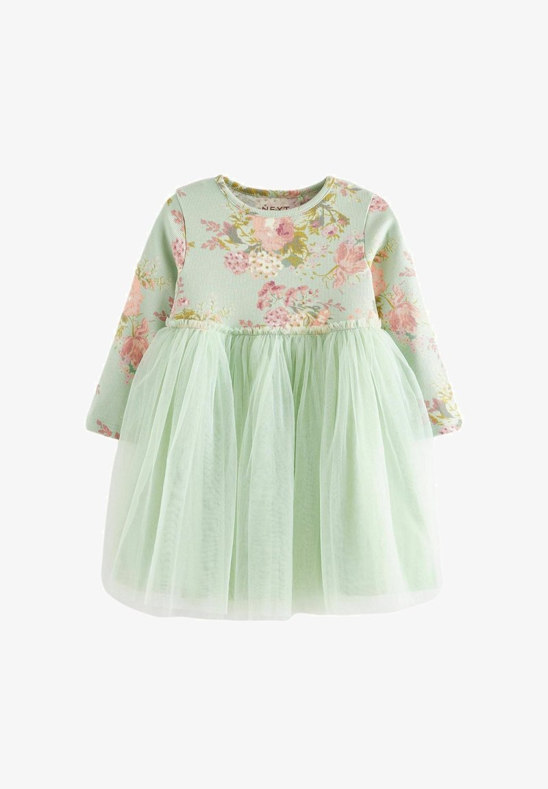 Květnaté dlouhé šaty s rukávy, s ribbovaným mátovým vrškem a vrstvenou průsvitnou tylovou sukní, zdobené vzory růžových a žlutých květin.