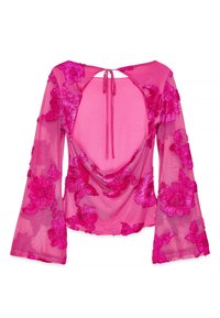 Blusa rosa trasparente con maniche a campana lunghe, caratterizzata da un vivace ricamo floreale fucsia e una schiena aperta con un dettaglio di legatura.