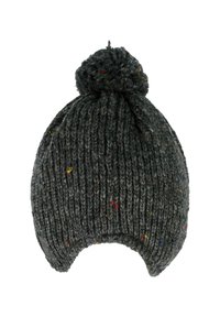 Knit beanie in dark gray with a textured finish and multicolored flecks. Features a rounded top and a pom-pom accent.