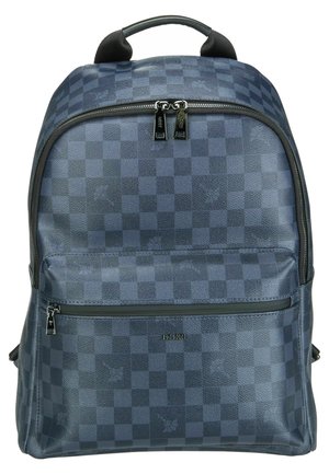 Blauer karierter Rucksack mit zwei Hauptreißverschlussfächern und einem oberen Tragegriff, dezent mit Text auf der Vordertasche gebrandet.