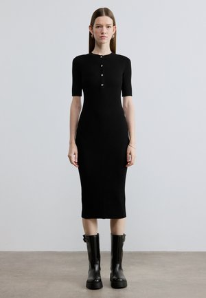 MIDI DRESS WITH RHINESTONE. BUTTONS - Egyenes szabású ruha - black