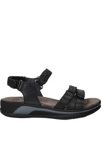 Zwarte leren sandalen met gevlochten bandjes, verstelbare gespen en een gevoerd voetbed. De zool is zwart met een gestructureerde afwerking en grijze accenten.