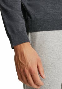 Anthrazitgrauer Pullover mit gerippten Bündchen, gezeigt neben einer hellgrauen Hose. Der Stoff wirkt glatt mit einer leichten Textur.