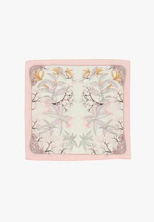 Jasnoróżowy kwadratowy szalik z kwiatowym i liściastym wzorem w miękkim żółtym, szarym i czarnym kolorze, obramowany ozdobną ramką.
