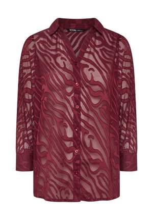 Camicia button-up trasparente bordeaux con motivo a onde, maniche lunghe, colletto e cinque bottoni sulla parte frontale. Tessuto morbido e design leggero.
