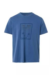 Niebieska bawełniana koszulka z okrągłym dekoltem i krótkimi rękawami. Z przodu znajduje się czarny nadruk graficzny z palmami i tekstem umieszczonym na środku.