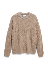 Pull en maille beige avec un motif de torsades texturé, col rond et poignets et ourlet côtelés. L'étiquette sur le côté arbore le logo de la marque.