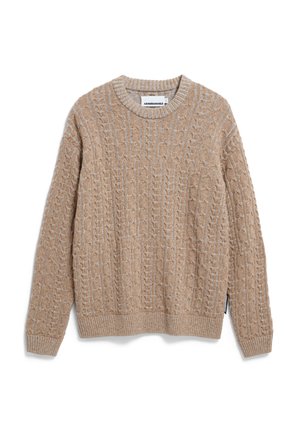Beiger Strickpullover mit strukturiertem Kabelmuster, Rundhalsausschnitt sowie gerippten Bündchen und Saum. Das Etikett an der Seite zeigt das Markenlogo.