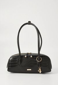 Black crocodile-embossed handbag with structured shape, dual handles, gold zipper, metal ring accent, and a keychain detail.