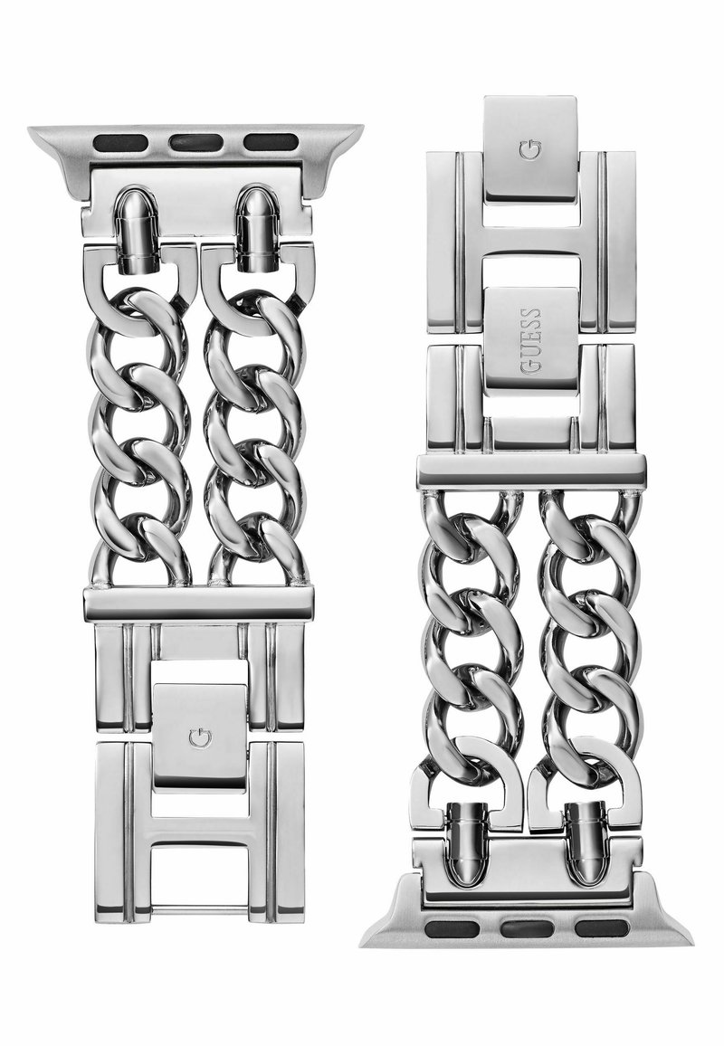 Srebrny metalowy pasek zegarka z połączonymi ogniwami, zapięcie w stylu belki oraz wygrawerowane logo marki. Gładka, polerowana powierzchnia o eleganckim designie.