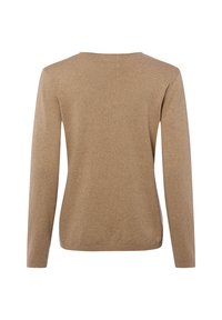 Braunes Langarmoberteil aus weichem Stoff. Verfügt über einen abgerundeten Ausschnitt und dezente Seitenschlitze. Glatte Textur ohne Muster oder Akzente.