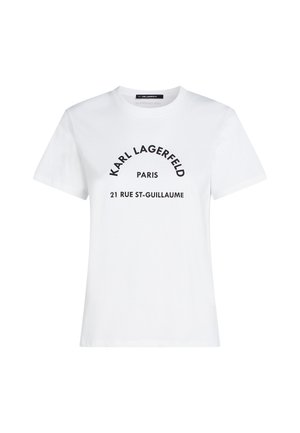 Balta kokvilnas t-kreklu ar īsām piedurknēm, apkārtējo kakla izgriezumu, ar melnu Druku: "KARL LAGERFELD PARIS 21 RUE ST-GUILLAUME."