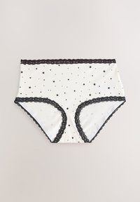 Hvide trusser med høj talje og sort stjernemønster, med sort blonderkant langs taljebåndet og benåbningerne for ekstra detalje.