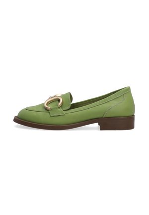 Green leather loafers with a decorative gold buckle, rounded toe, low brown heel, and stitching detail along the sides.