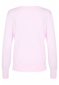 Maglione a girocollo rosa chiaro con maniche lunghe e polsini a costine. Il materiale appare morbido e testurizzato, progettato per il comfort.