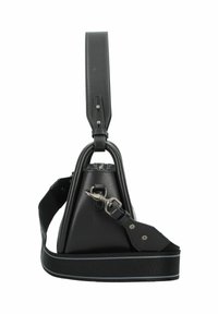Zwarte leren handtas met een driehoekige vorm, stevige bovenhandgreep, verstelbare schouderriem en metallic hardware details.