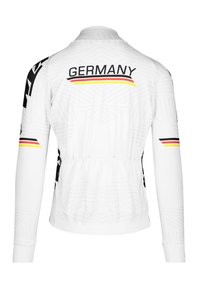 Veste blanche à manches longues avec une inscription audacieuse "ALLEMAGNE" en lettres noires, ornée de rayures rouges et jaunes dans le dos et d'un motif texturé.