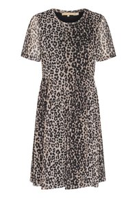 Leopard-print dress with short sleeves, round neckline, and flared skirt. Made of lightweight fabric, featuring black spots on a beige background.
