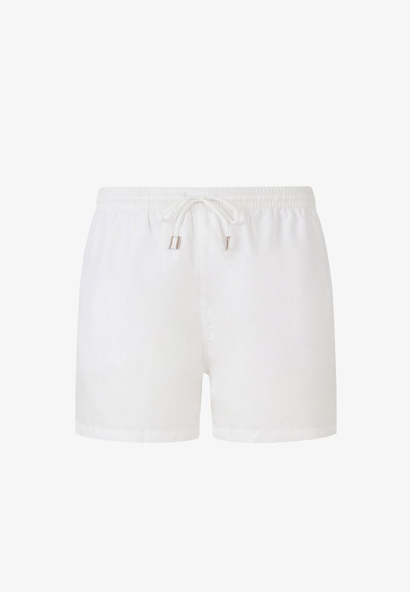 Shorts à taille élastique blanche avec cordon de serrage et embouts métalliques, conçus pour un usage décontracté.