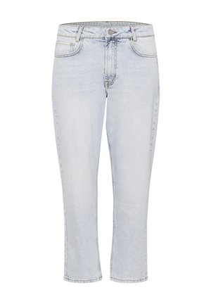Jasnoniebieskie dżinsy z denimu o prostym kroju nogawek, z pięcioma kieszeniami i delikatnym blaknięciem. Posiadają zapięcie na przedni guzik oraz przeszycia ozdobne.