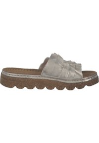 Metallic silver slide sandal with pleated upper design, textured cork-like outsole, and rounded scalloped edges.