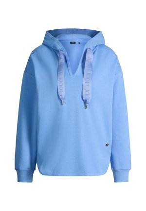 Felpa con cappuccio azzurro chiaro con scollo a V profondo, ampi laccetti con il testo "JOOP!", polsini a costine e un piccolo logo metallico rotondo vicino all'orlo.