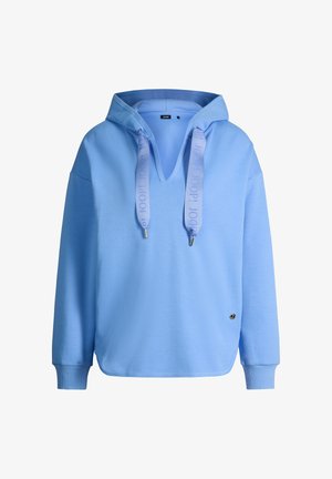 Felpa con cappuccio azzurro chiaro con scollo a V profondo, ampi laccetti con il testo "JOOP!", polsini a costine e un piccolo logo metallico rotondo vicino all'orlo.